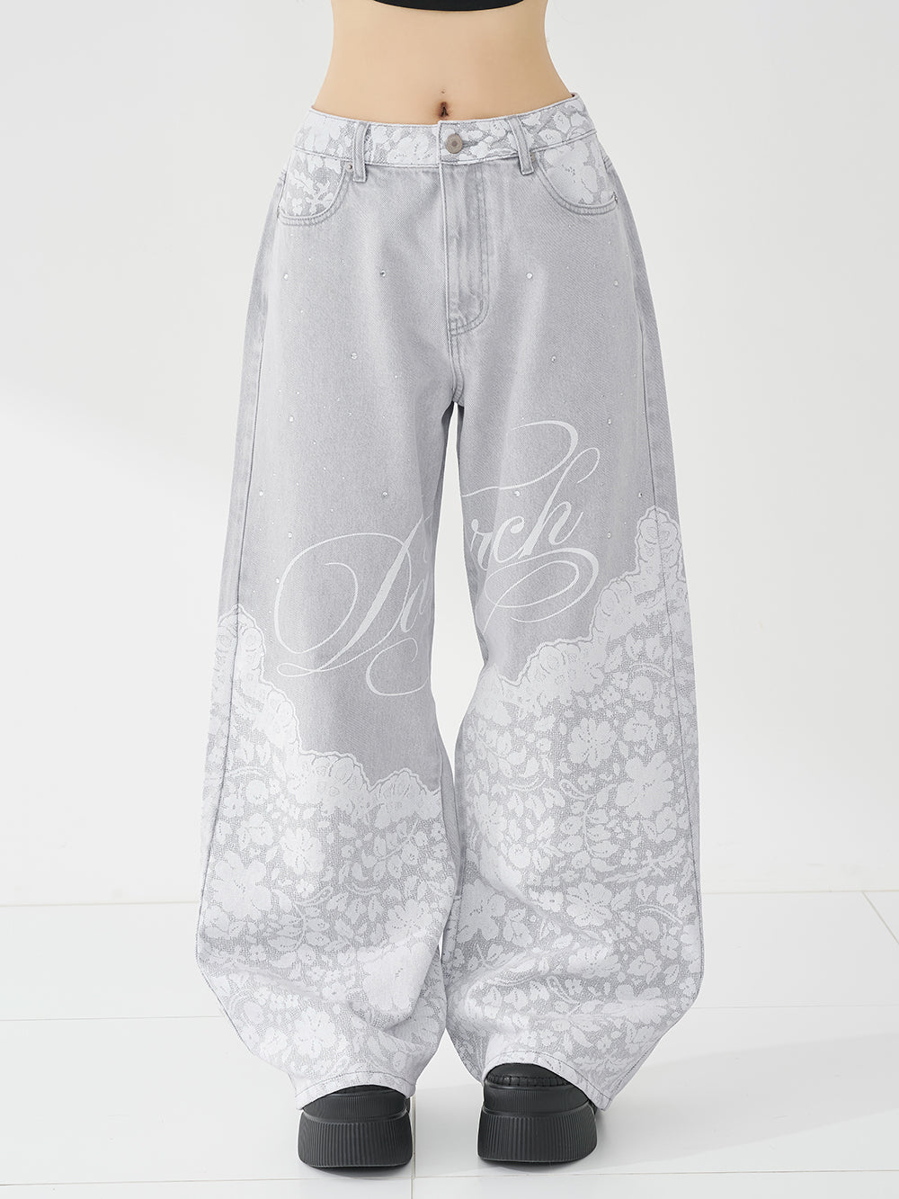Lace Bijou Loose Denim Pants - gry