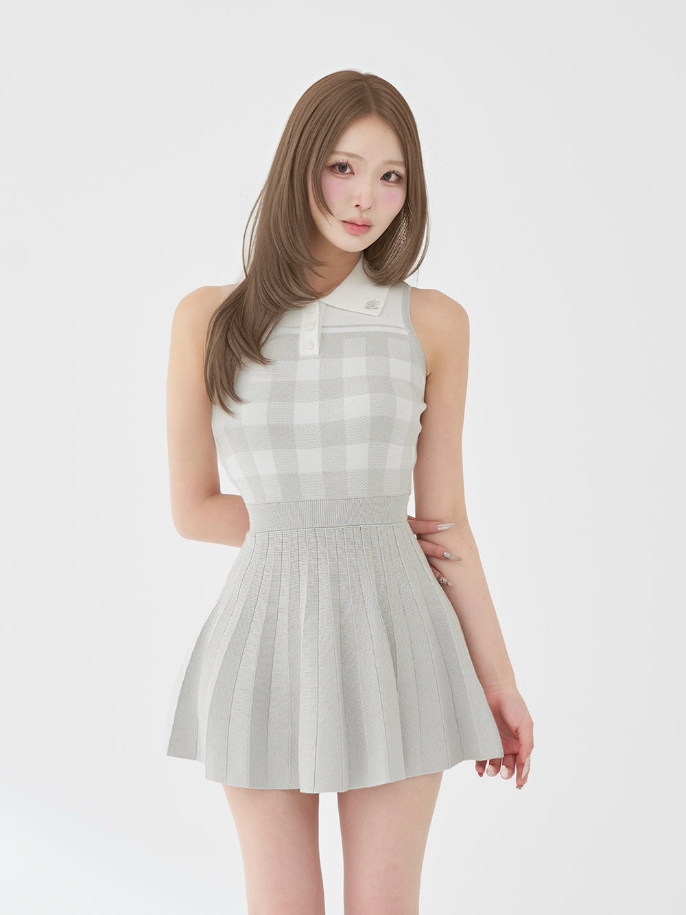 ギンガムチェックプリーツニットミニワンピース - gry