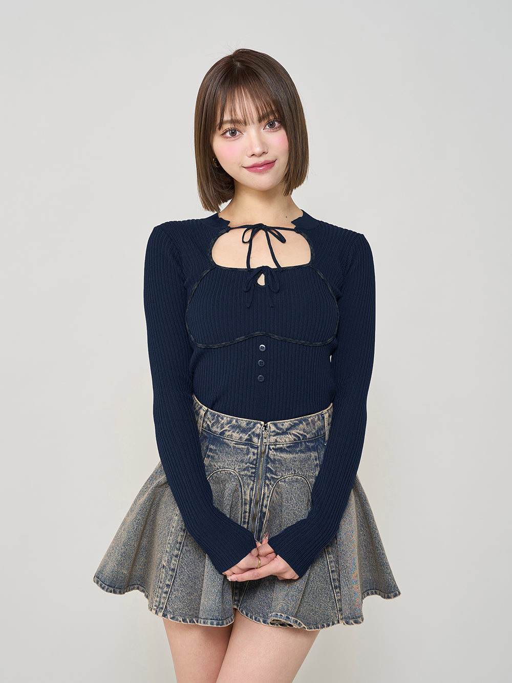 フロントオープンリブニットトップス - nvy