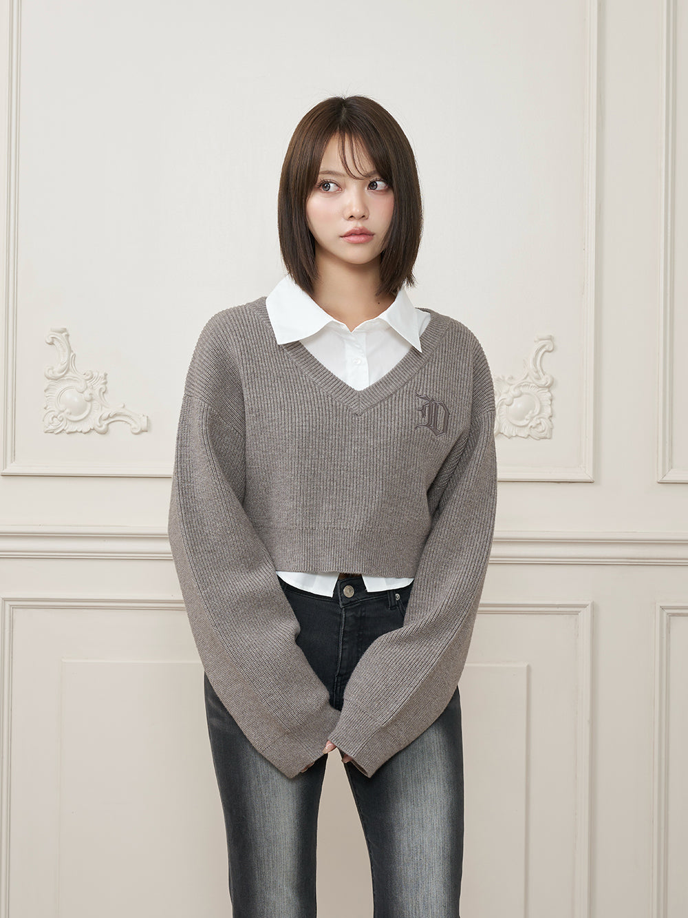 Dレイヤードショートニットトップス - gry