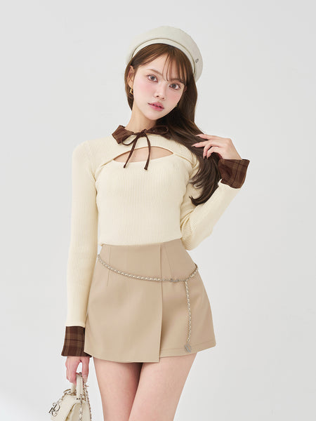 Check Cuff Ribbed Knit Top