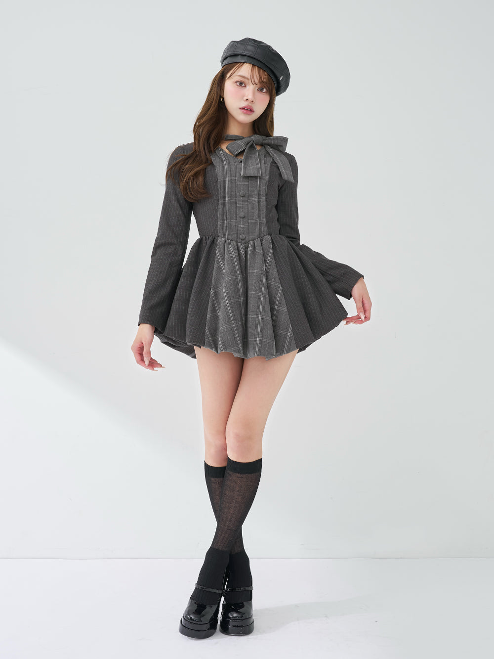 チェックストライプバルーンミニワンピース GRY FREEサイズ ノベルティ付き チェックストライプバルーンミニワンピース – Darich