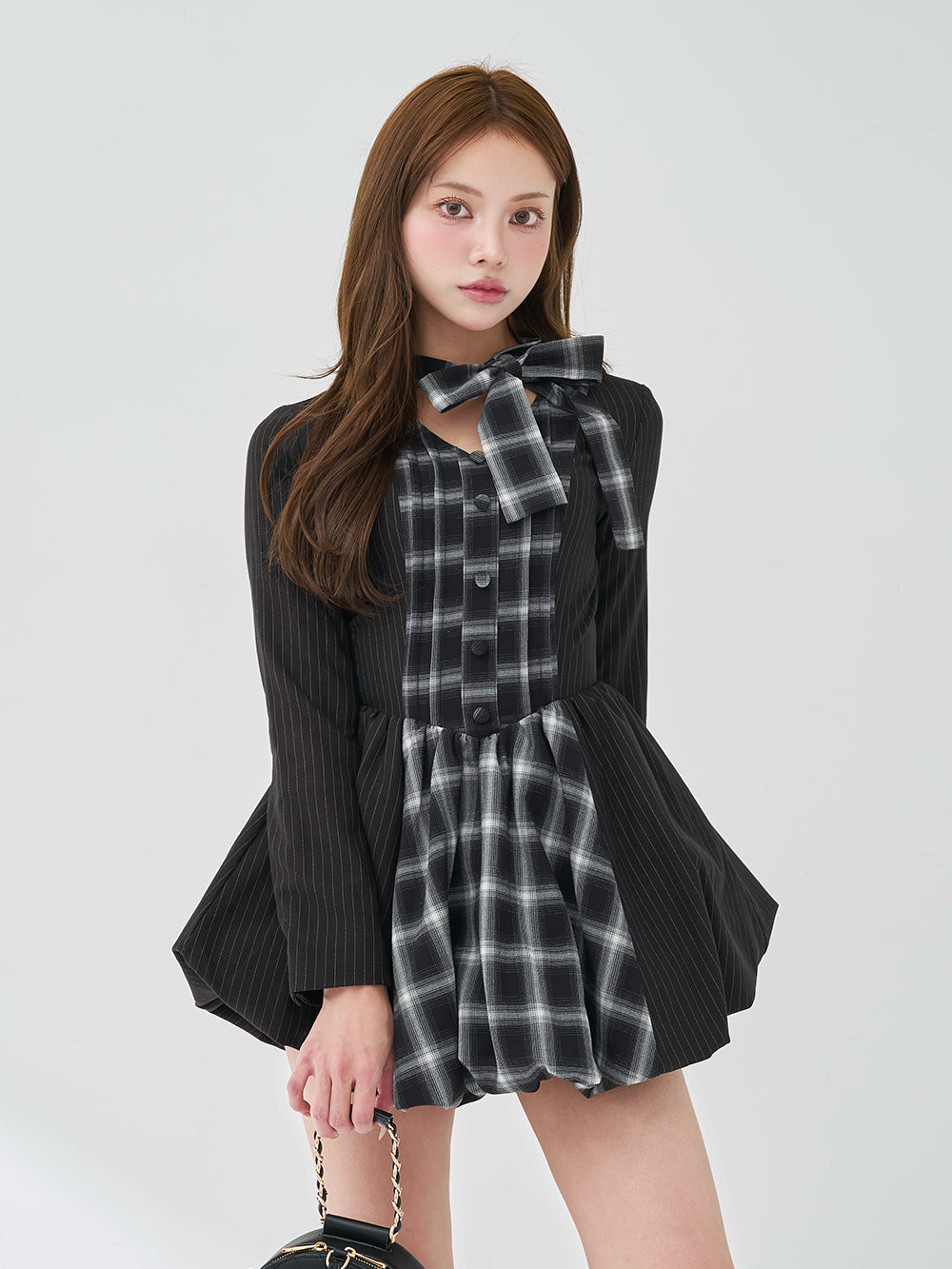 チェックストライプバルーンミニワンピース - blk