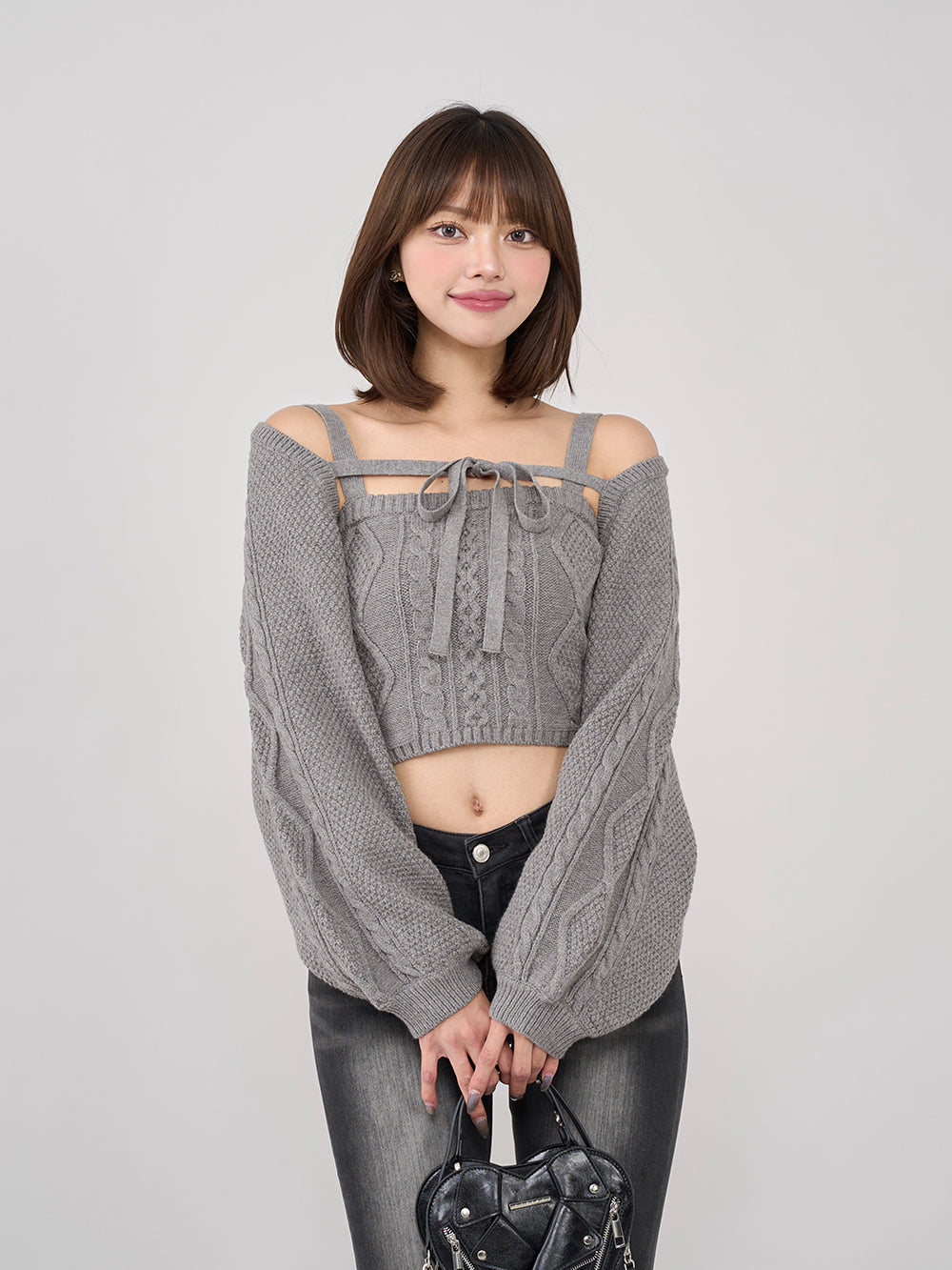 ケーブルショートニットアンサンブル - gry