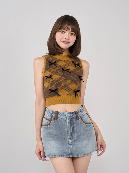 Ribbon Shaggy Check Knit Top