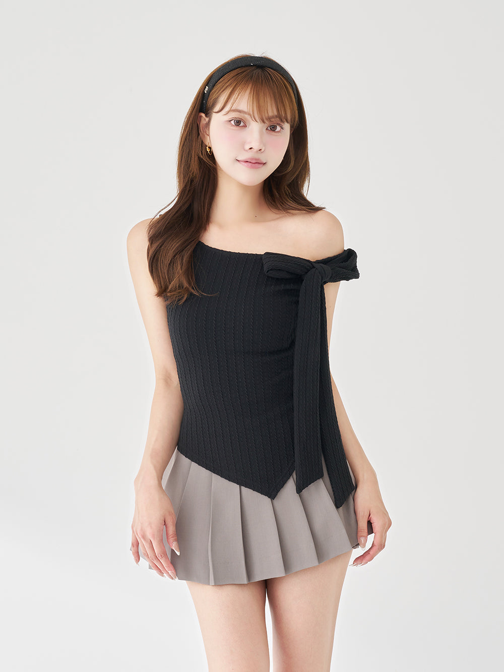 ワンショルリボンプリーツセットアップ - blk