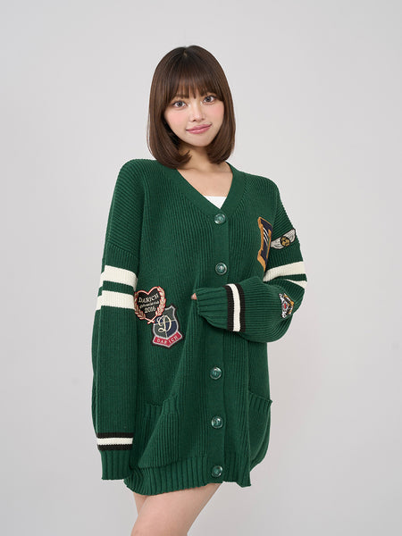 College Patch V-Neck Knitted Cardigan