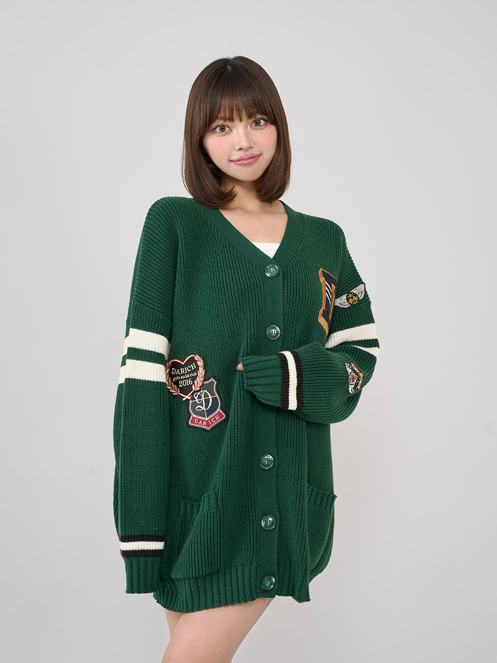 カレッジワッペンVネックニットカーディガン - grn