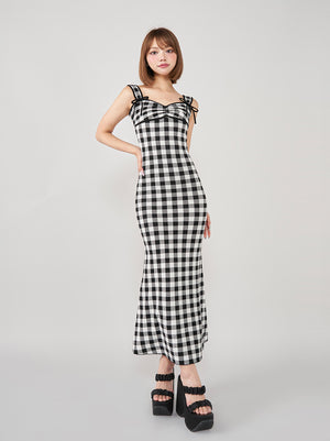 【予約商品】ギンガムジャガードニットロングワンピース