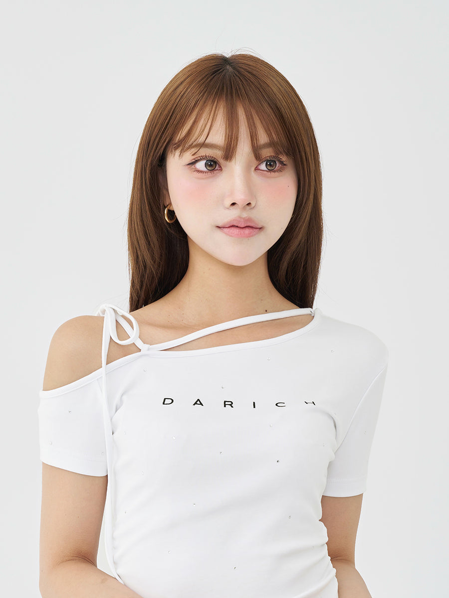 Neck Ribbon One-Shoulder T-Shirt