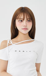 Neck Ribbon One-Shoulder T-Shirt