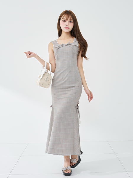 Open Ribbon Check Long Dress
