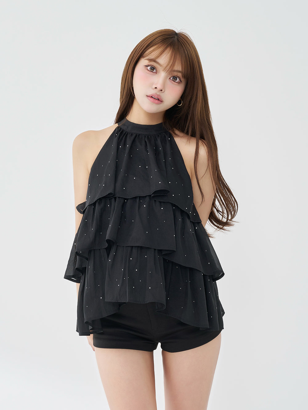 Halter Ribbon Tiered Jewel Top - blk