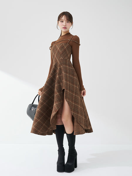 Layered Check Asymmetrical Hem Midi Dress