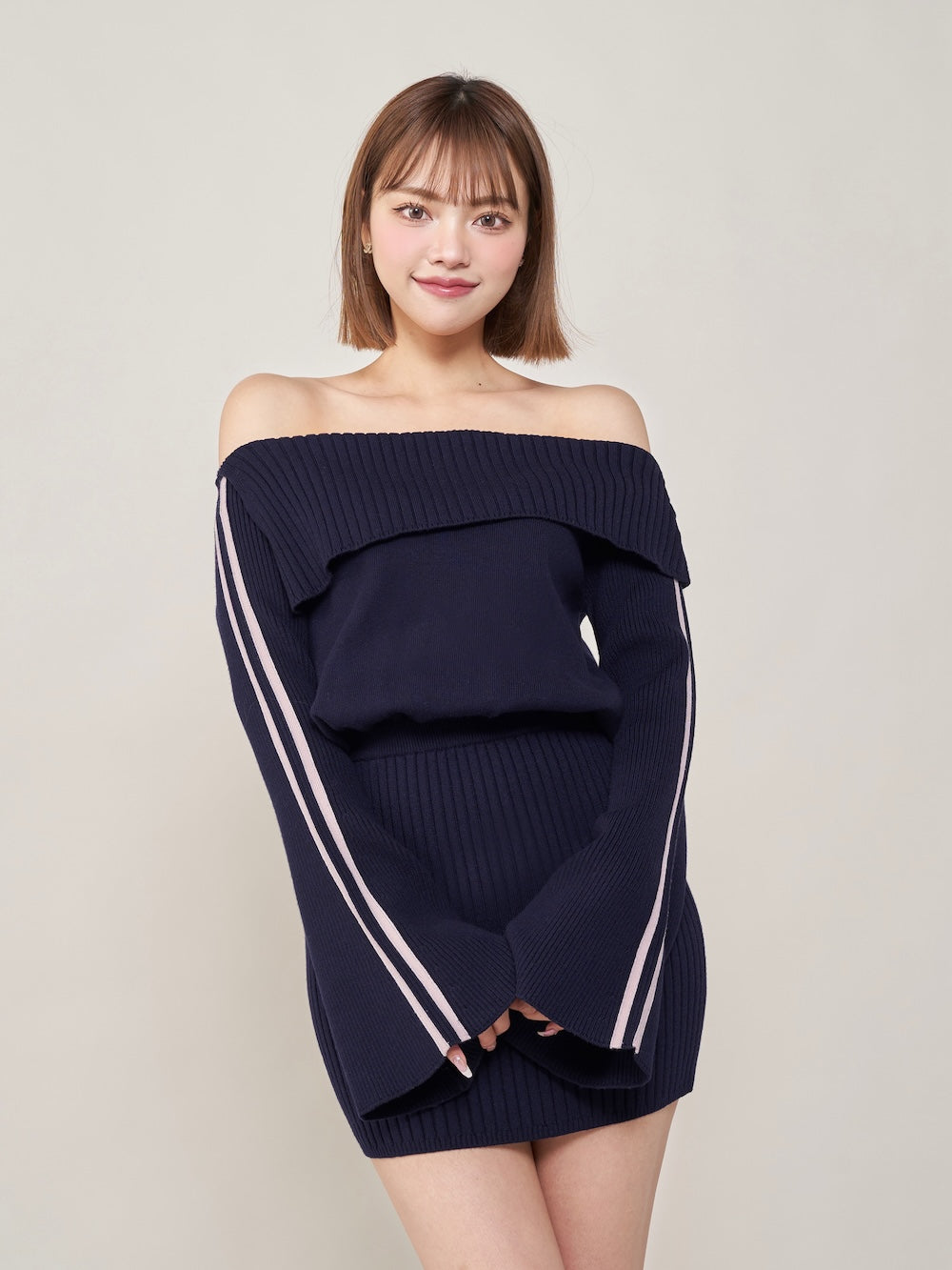 オフショルラインニットミニワンピース - nvy