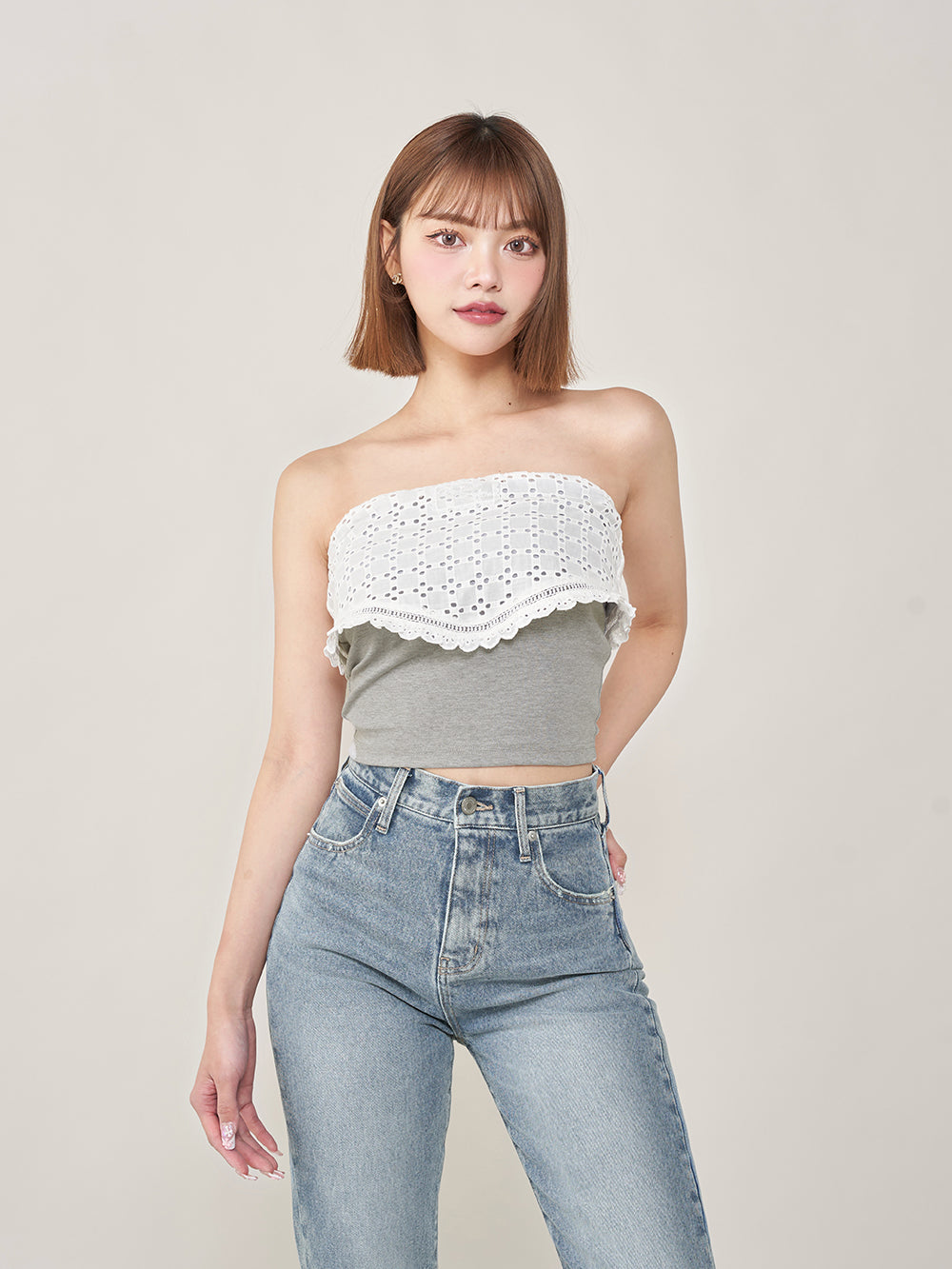 コットンレースドッキングベアトップス - gry