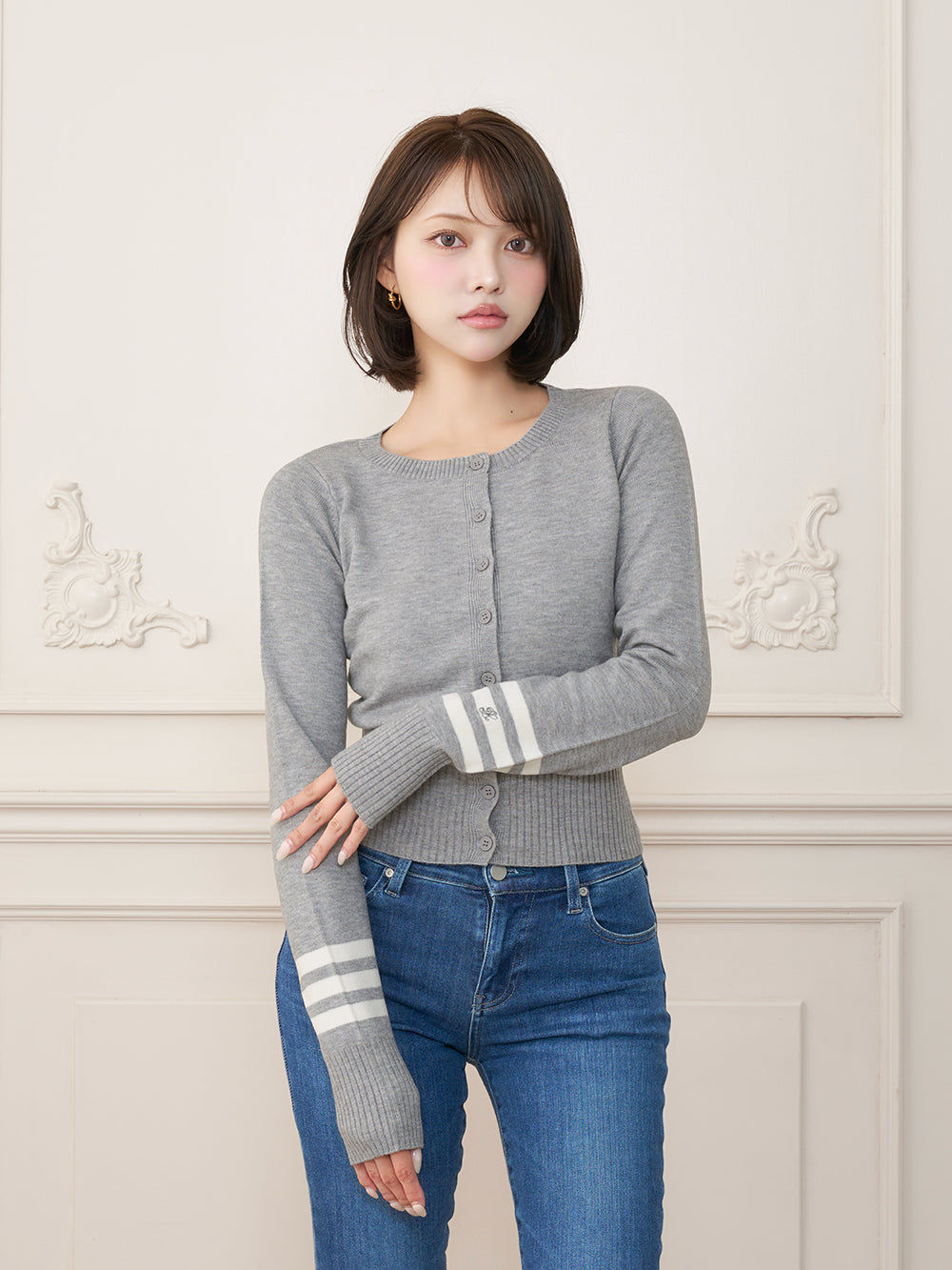 スリーブラインニットカーディガン - gry