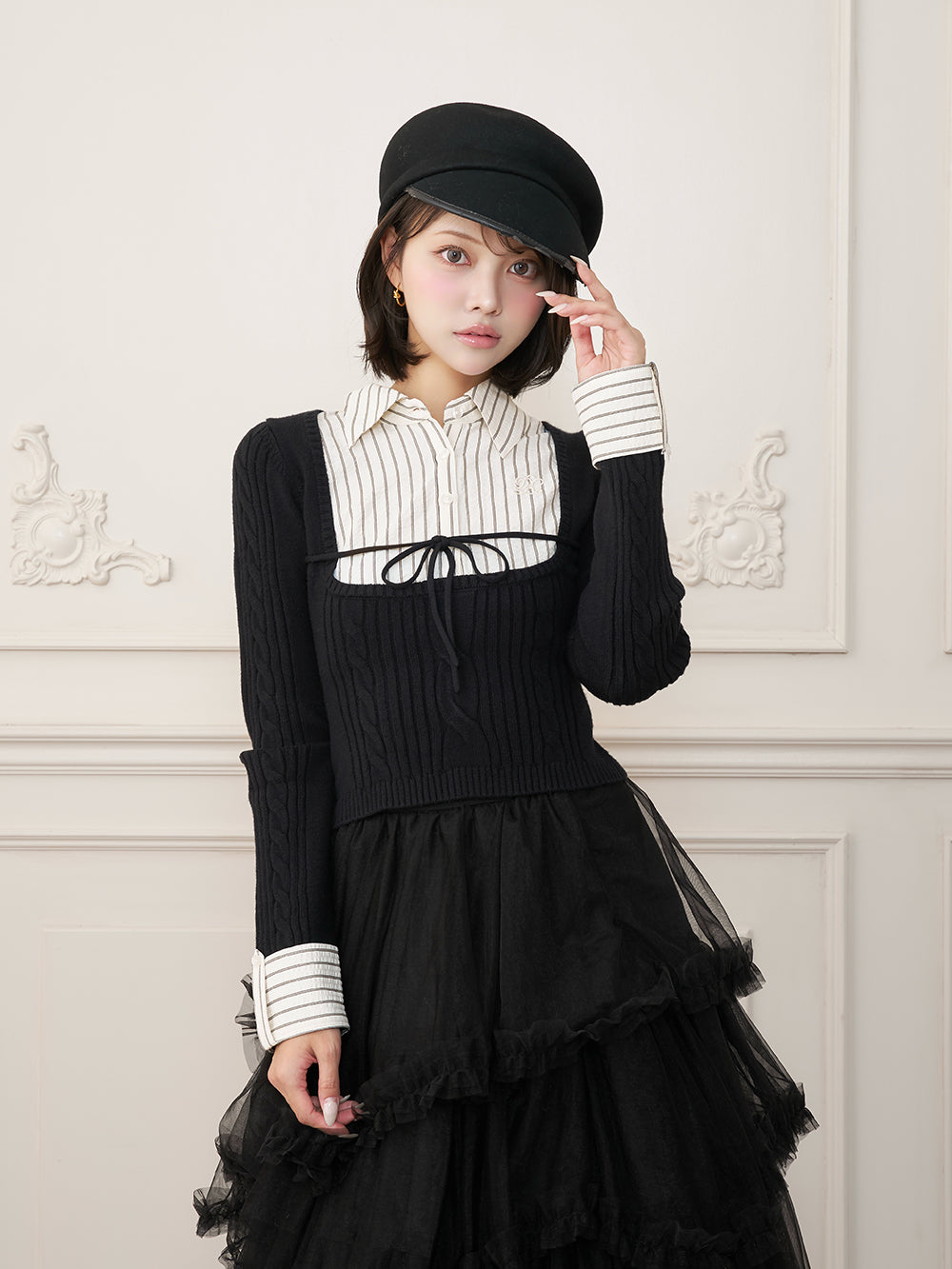 シャツドッキングレディニットトップス - blk