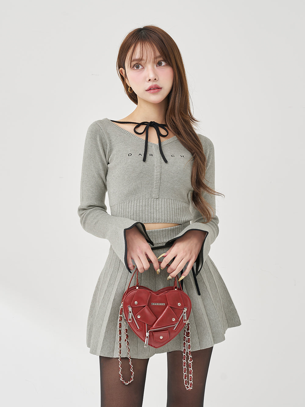 【予約商品】ウエストオープンリボンデザインニットミニワンピース - gry