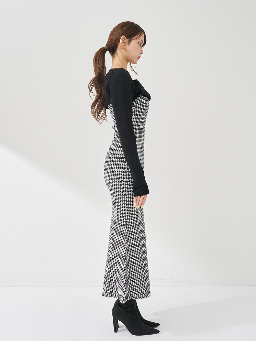 Darich アンサンブルチェックニットロングワンピース BLK FREE ダーリッチ Darich アンサンブルチェックニットロングワンピース