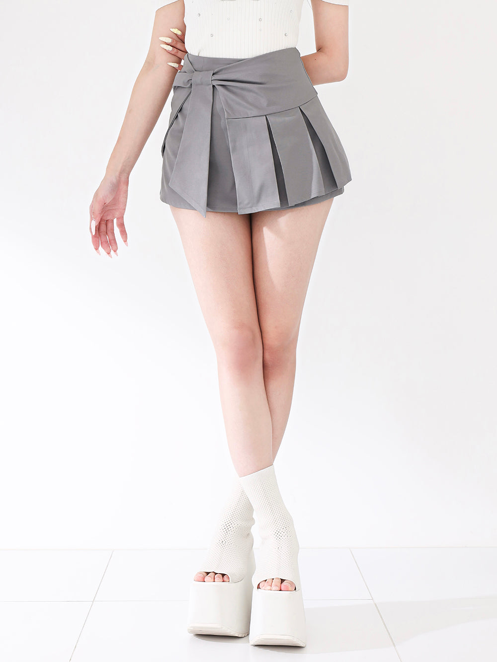 サイドリボンプリーツミニスカート - gry