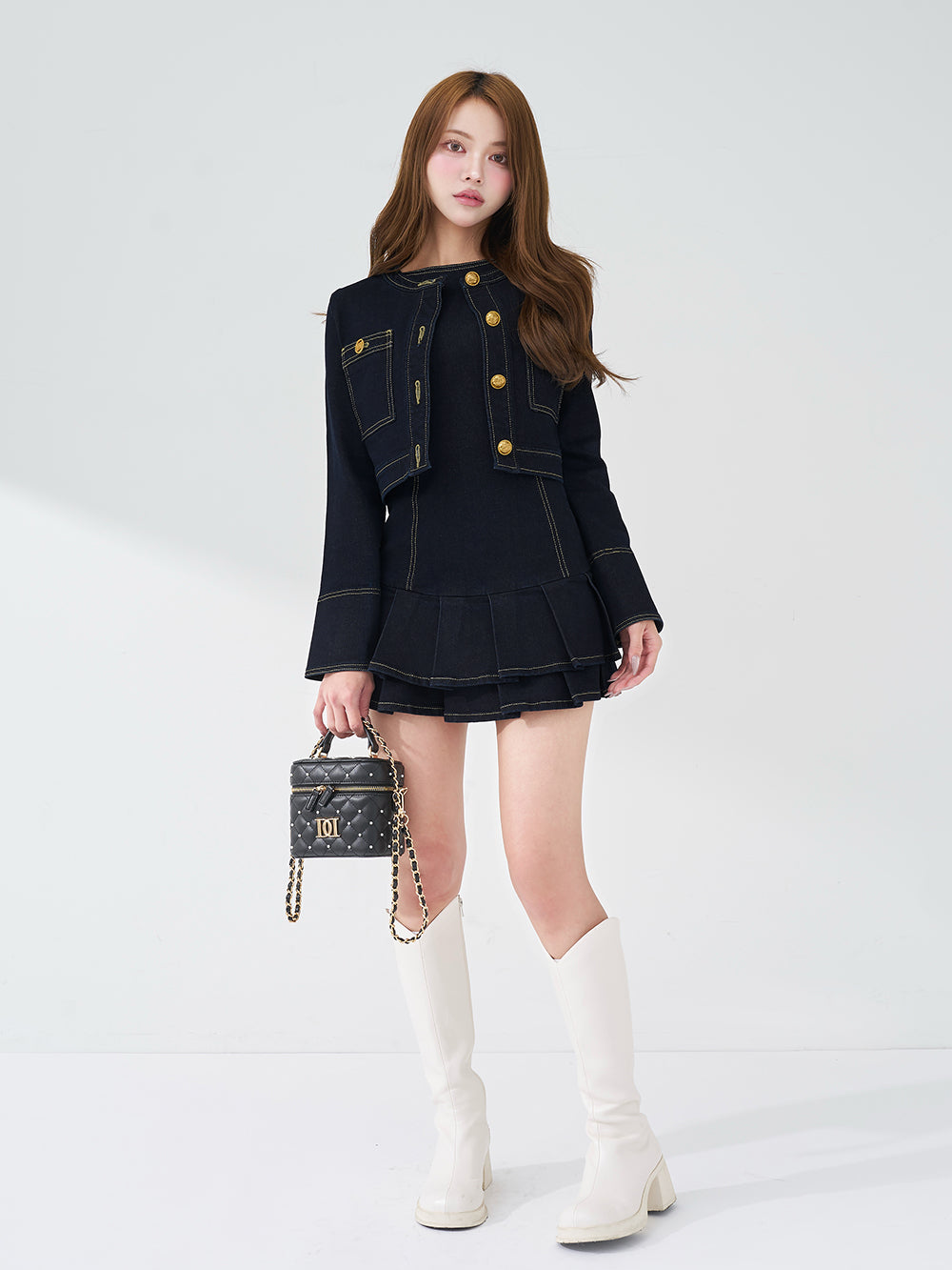 ダブルプリーツデニムミニワンピース