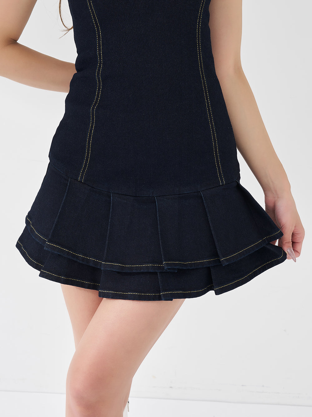 ダブルプリーツデニムミニワンピース