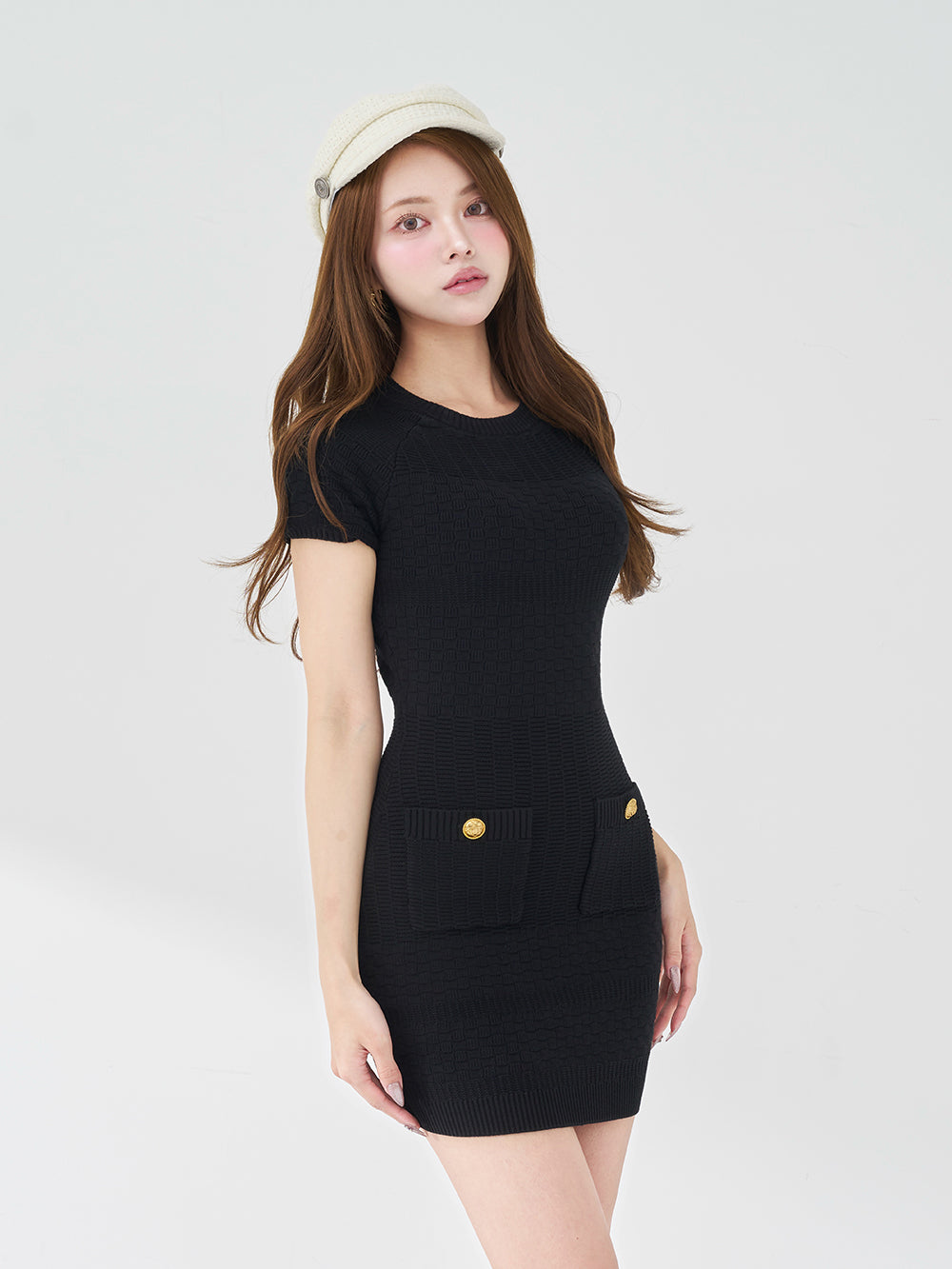 DDボタンミックスパターンニットミニワンピース - blk