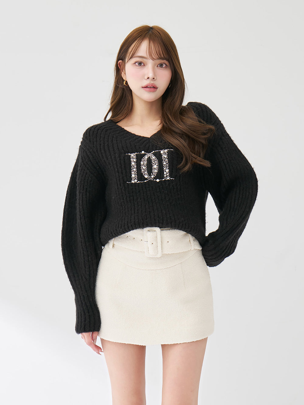 ファンシービーズDDロゴボリュームニットトップス - blk