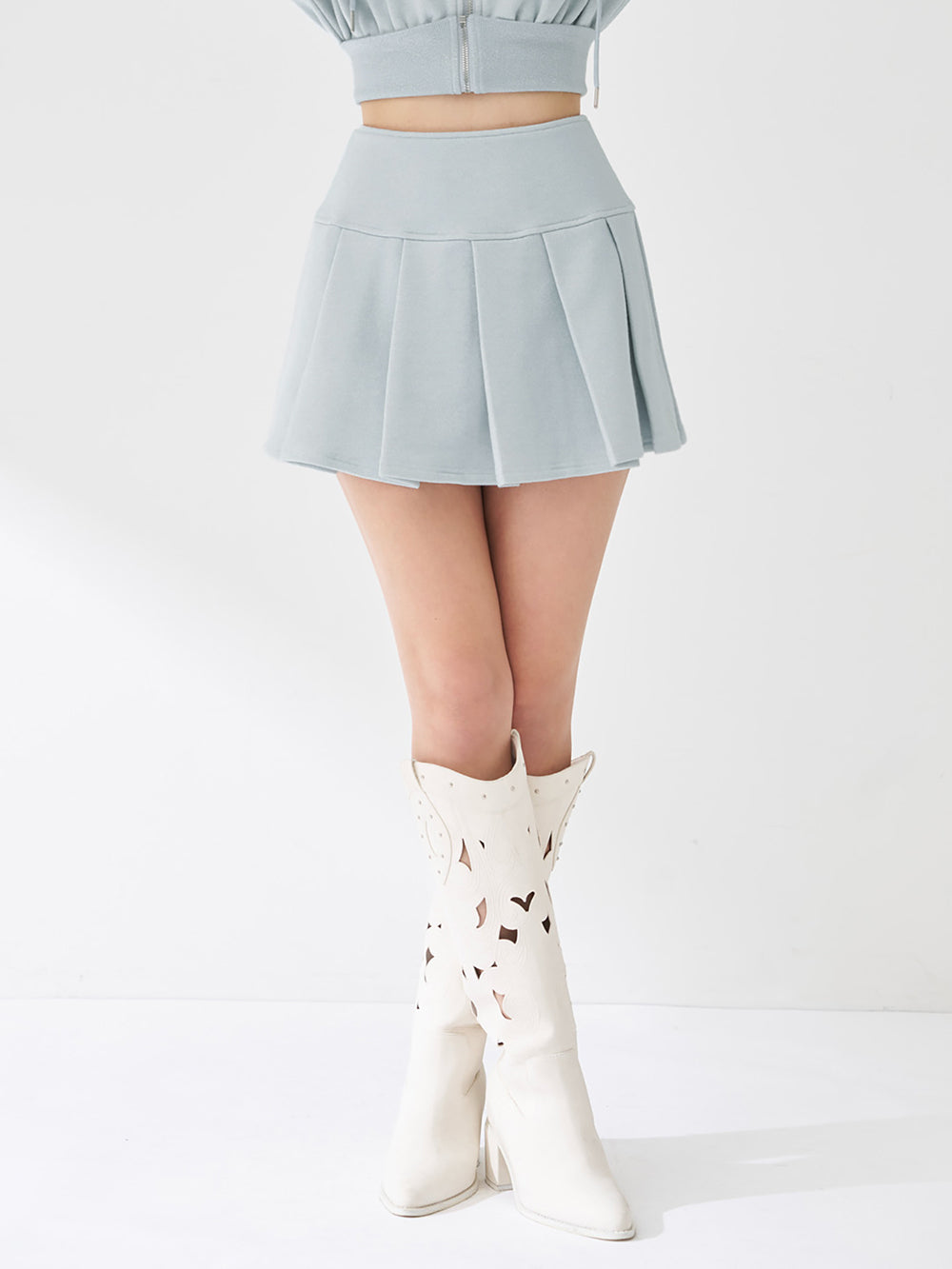 カラーラメスウェットプリーツミニスカート - sax