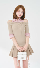 シャツドッキングオフショルプリーツミニワンピース – Darich