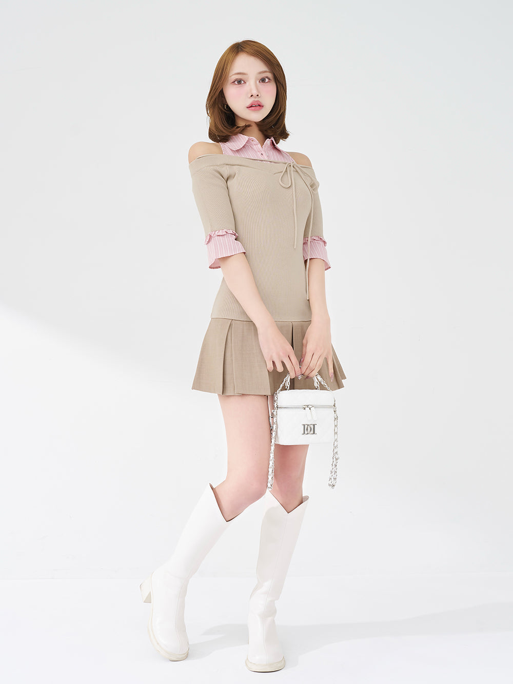 シャツドッキングオフショルプリーツミニワンピース