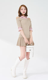 シャツドッキングオフショルプリーツミニワンピース – Darich