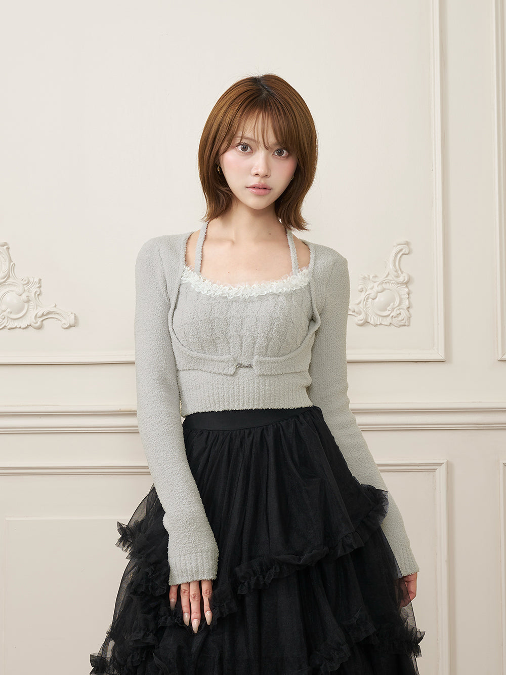 レースフリルケーブルニットトップス - gry