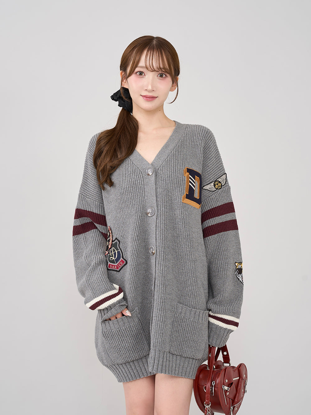 カレッジワッペンVネックニットカーディガン - gry