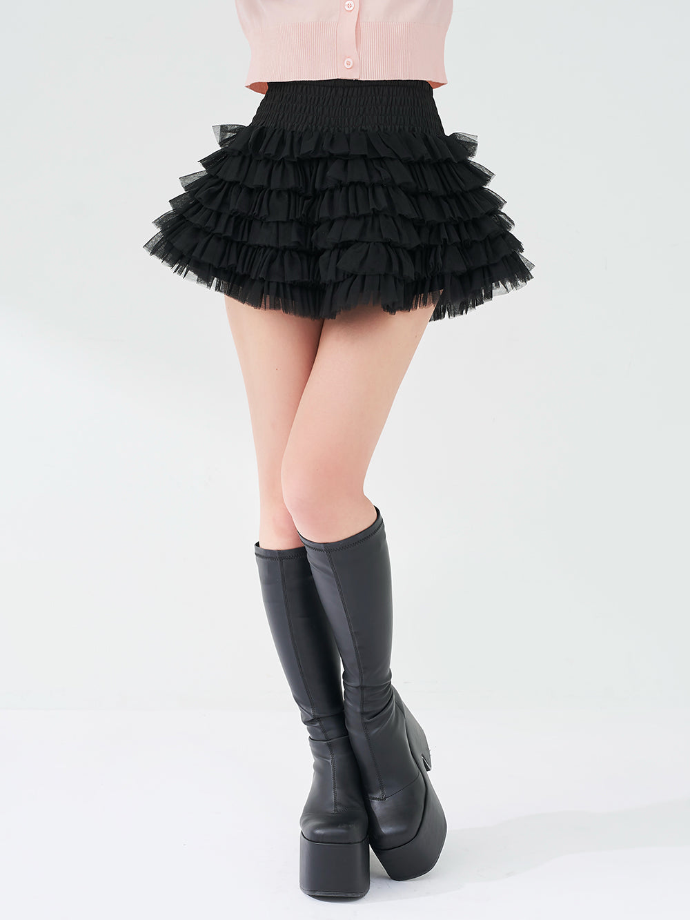 コルセットデザインボリュームチュールミニスカート - blk