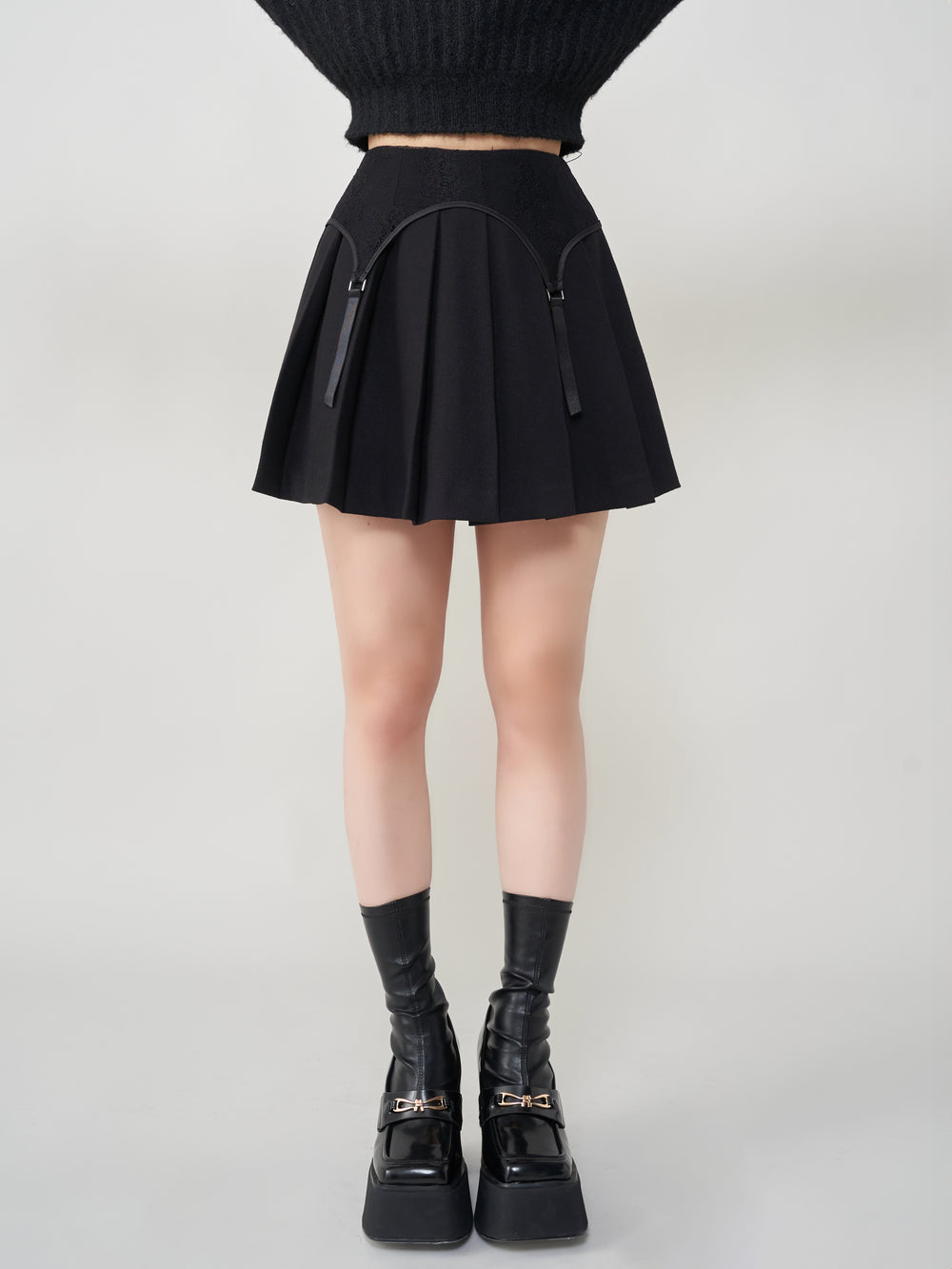 ガーターデザインプリーツミニスカート - blk