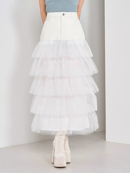 Leather-paneled Tulle Long Skirt