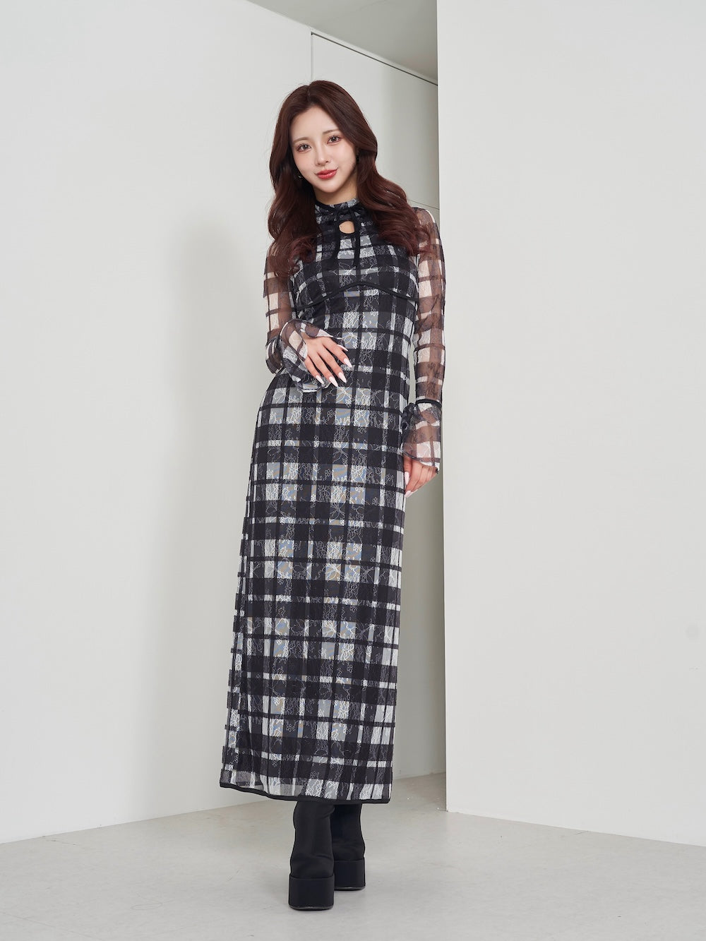 パイピングチェックレースロングワンピース – Darich (ダーリッチ)
