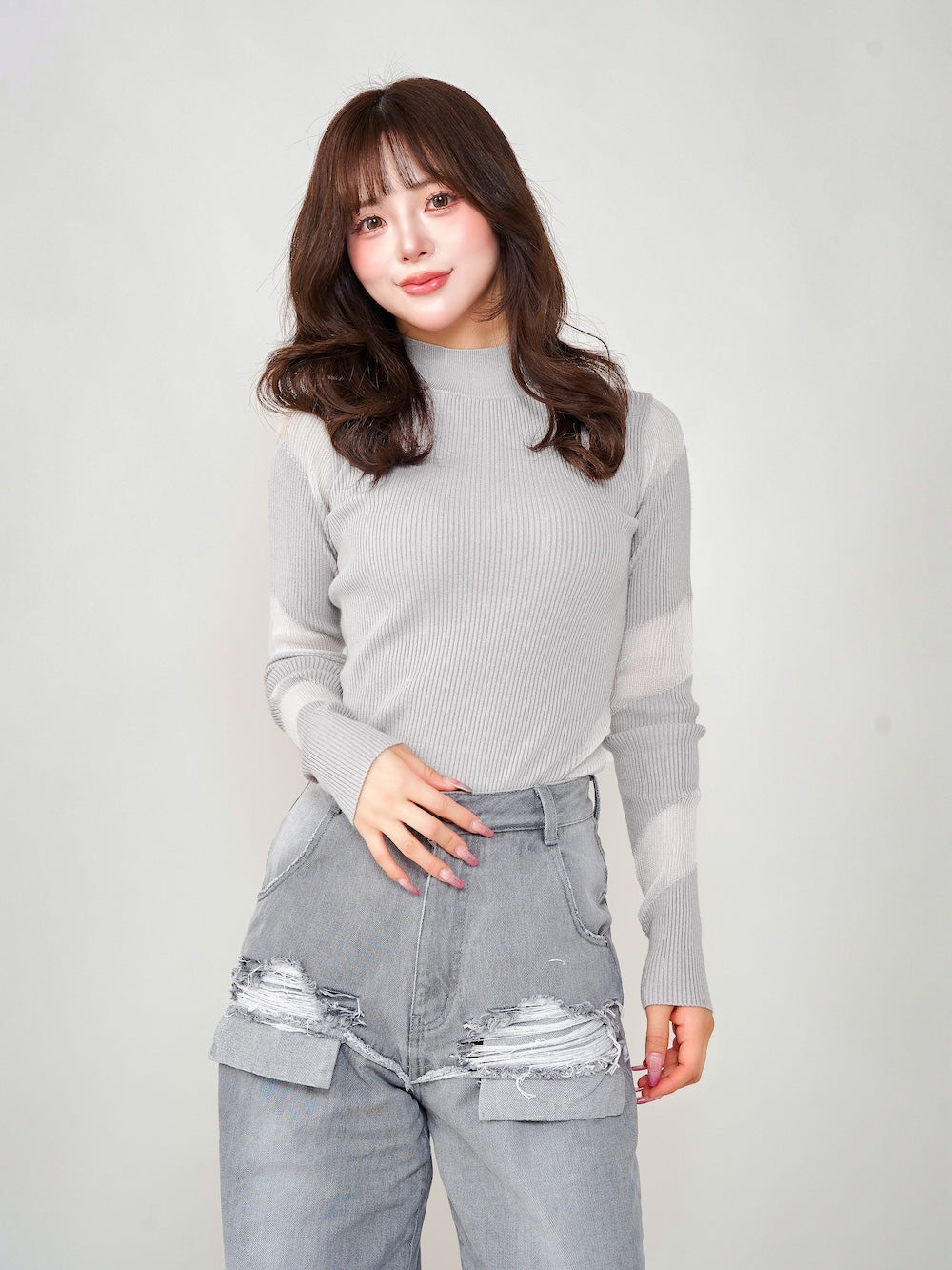 シースルーラップデザインニットトップス - gry