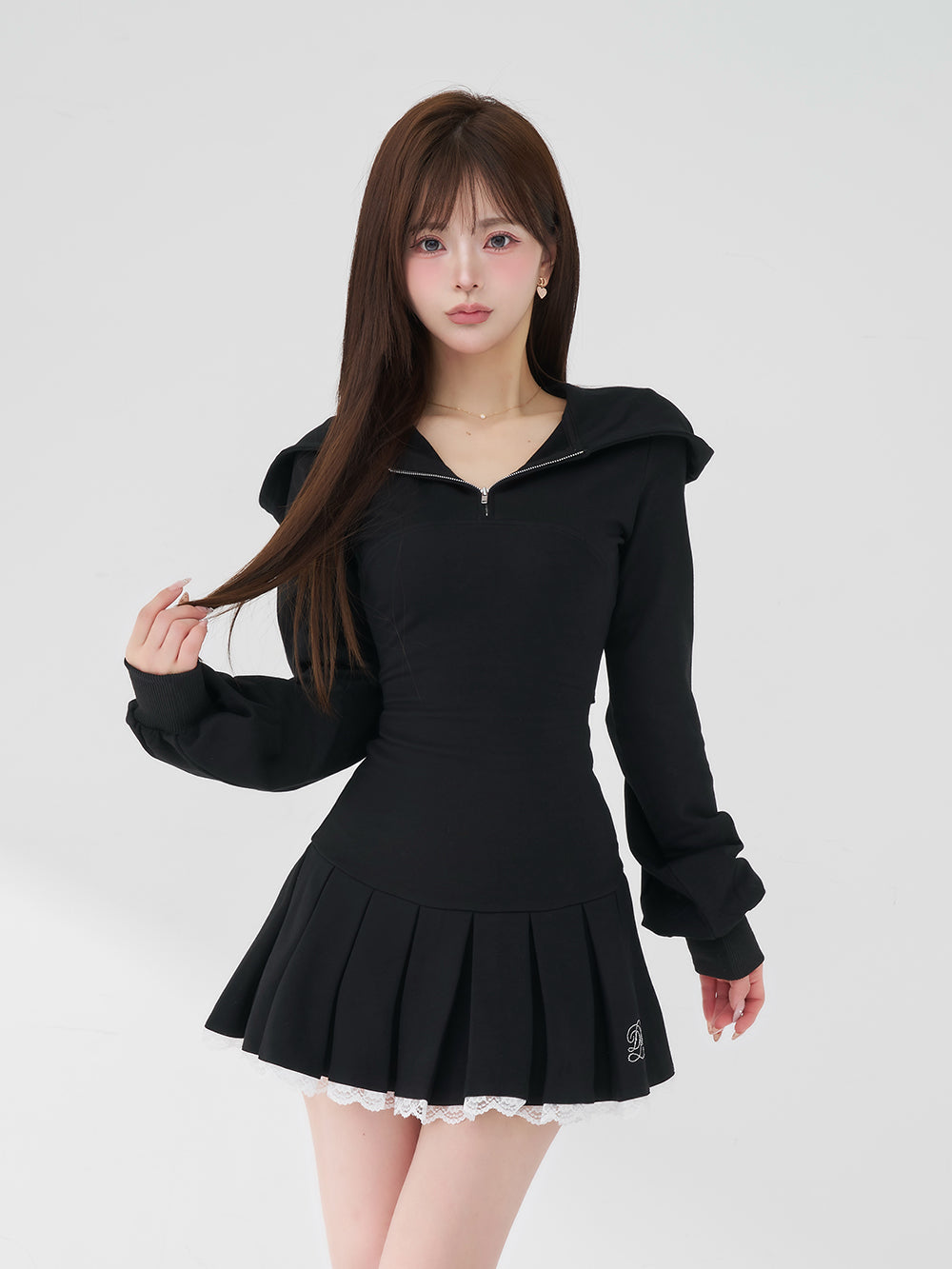 レースドッキングプリーツミニワンピース - blk