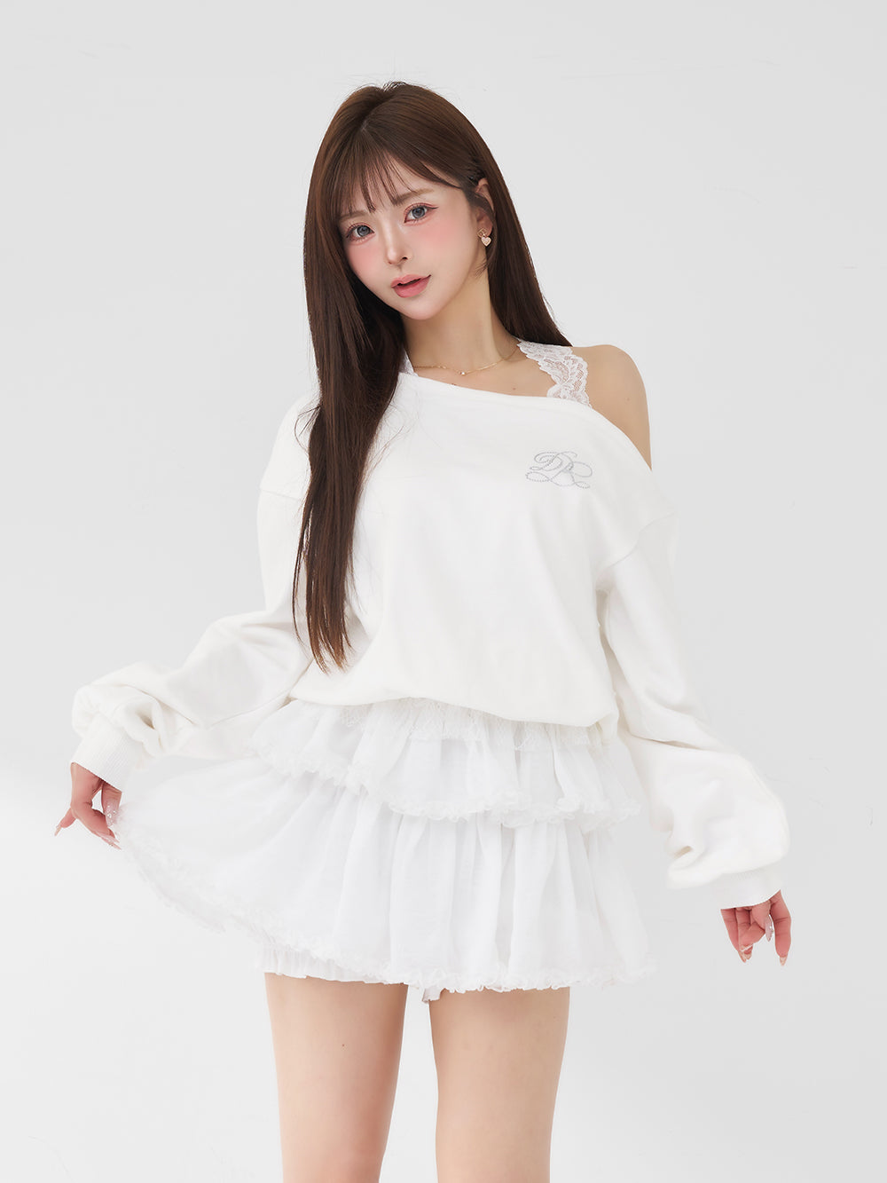 ホルターレースワンショルスウェットトップス - wht