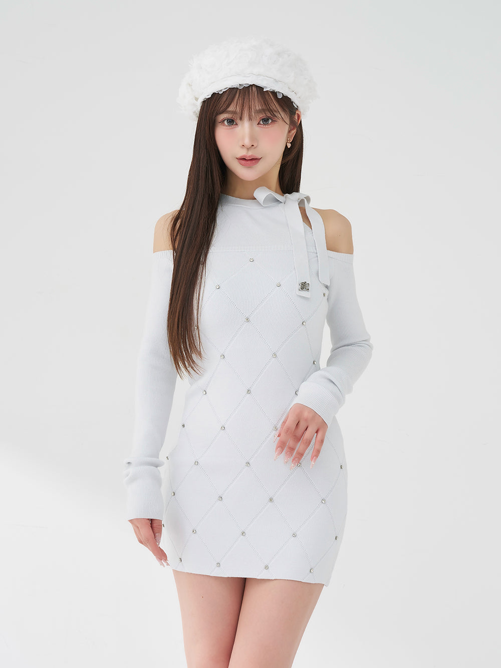 キルティングビジューニットミニワンピース - sax