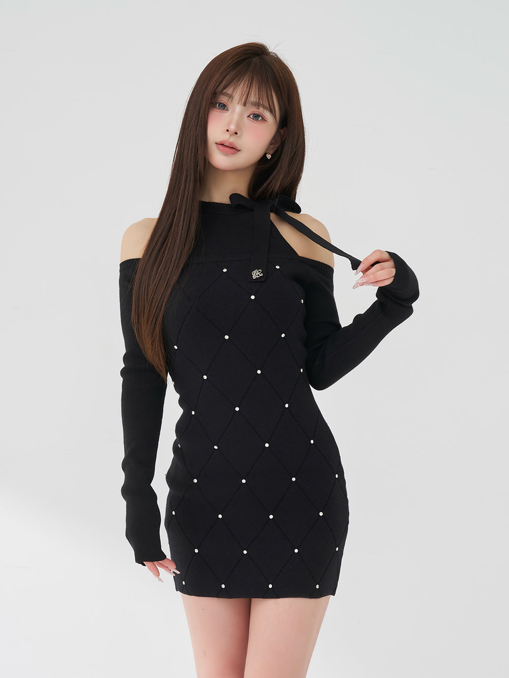 キルティングビジューニットミニワンピース - blk