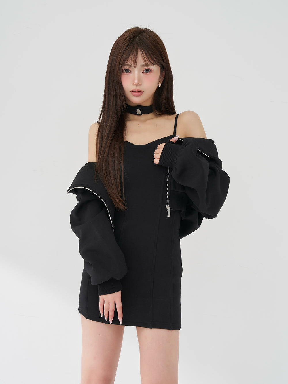 ボンディングスウェットアンサンブルミニワンピース - blk