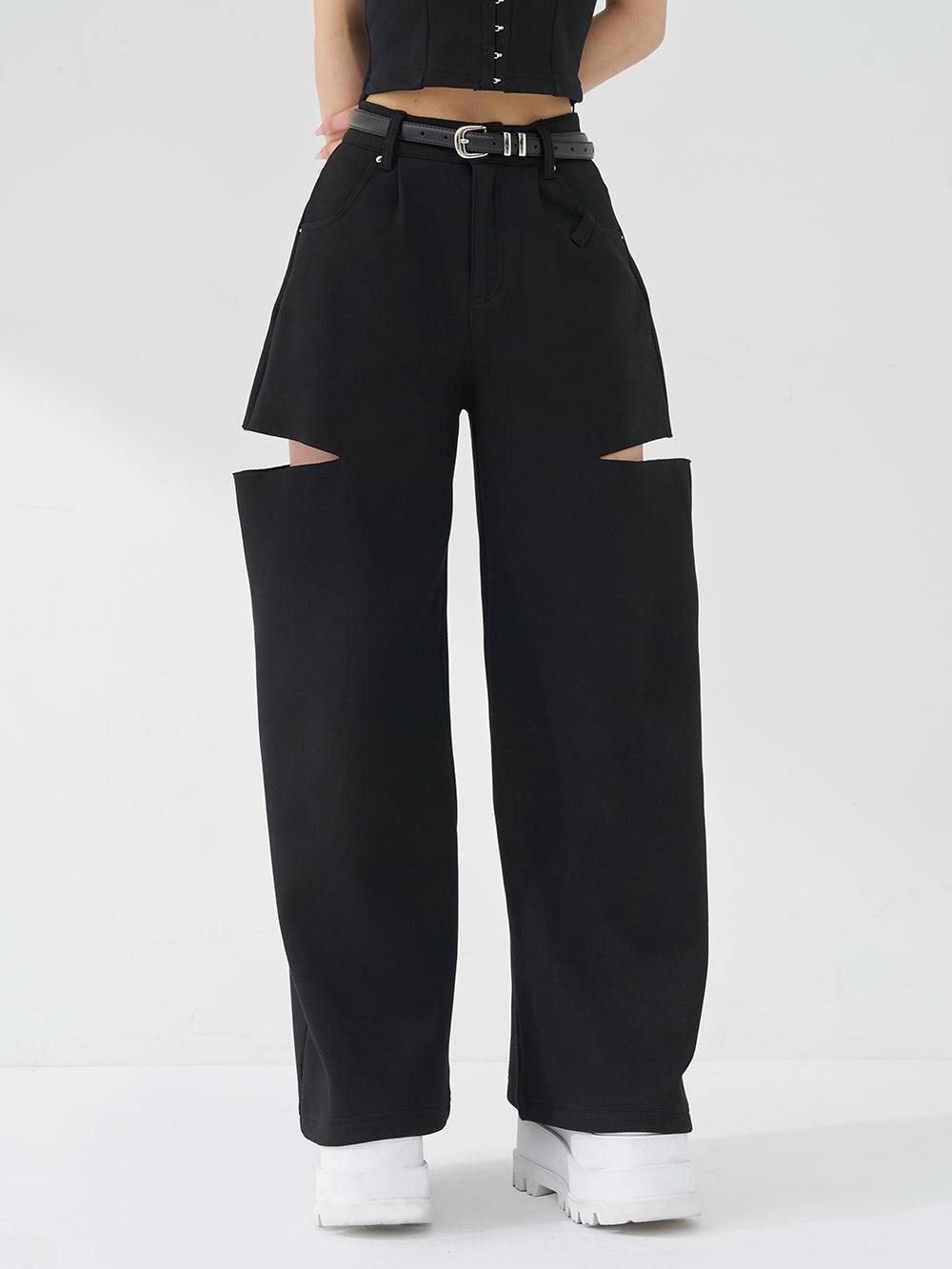 ボンディングスウェットサイドスリットワイドパンツ - blk