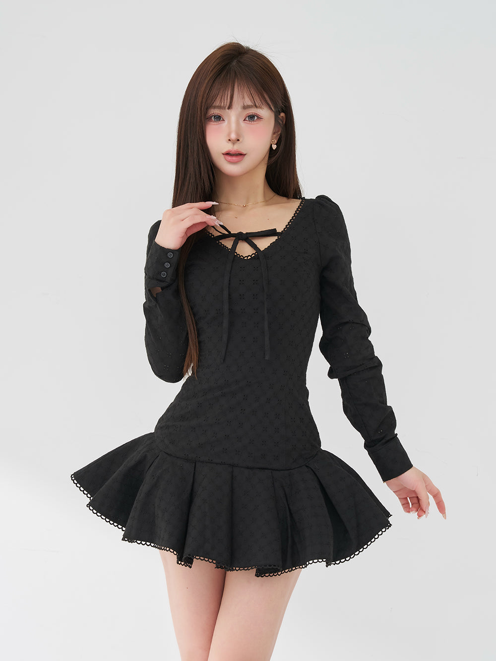 フロントリボンコットンレースミニワンピース - blk