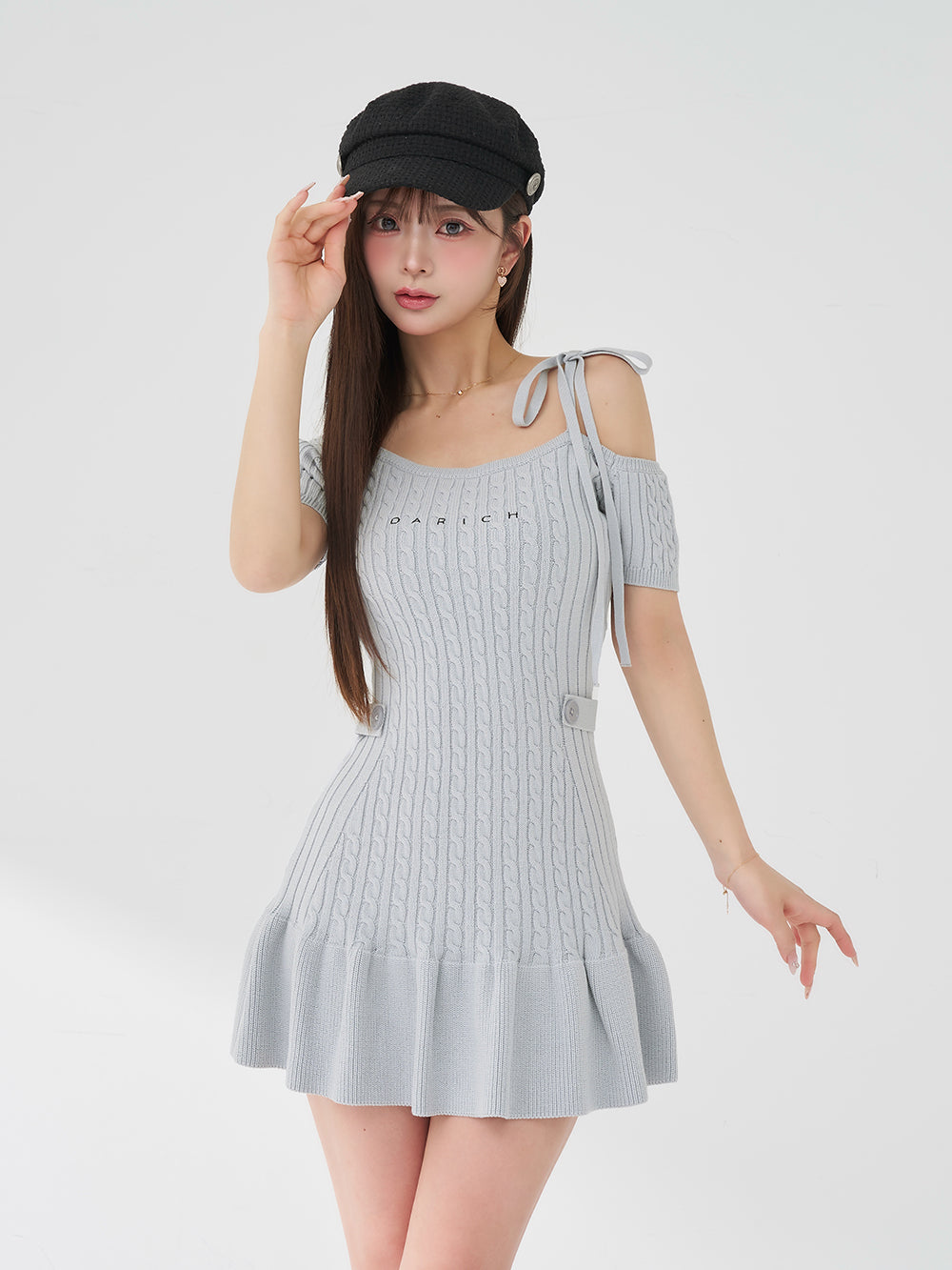 ロゴケーブルワンショルニットミニワンピース - sax