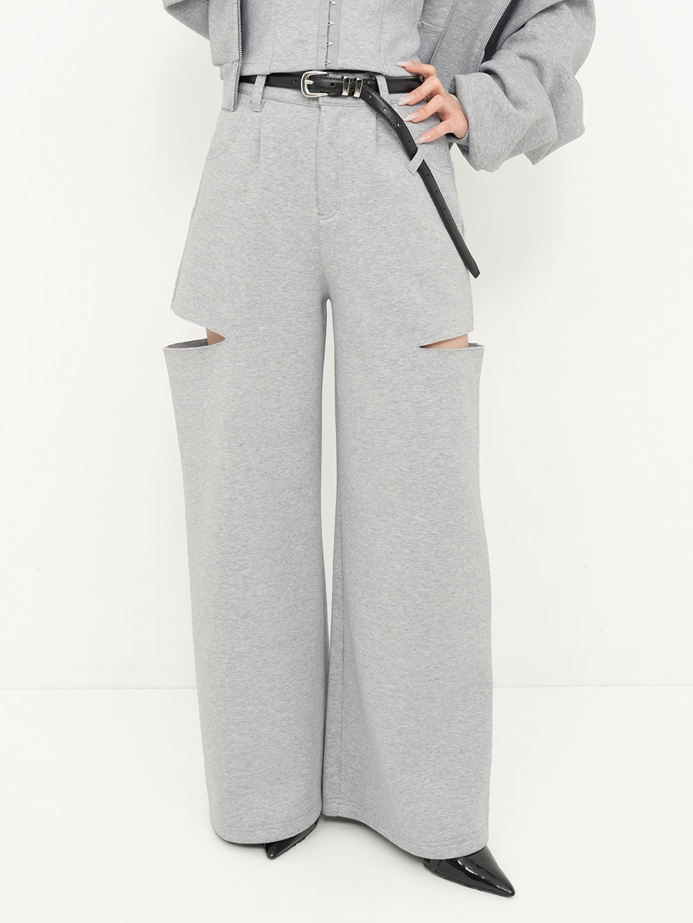 ボンディングスウェットサイドスリットワイドパンツ - gry