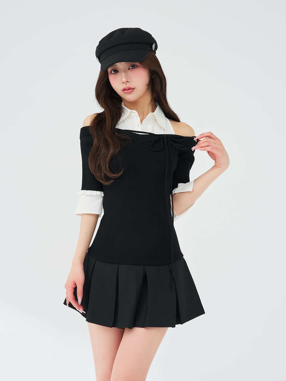 シャツドッキングオフショルプリーツミニワンピース – Darich